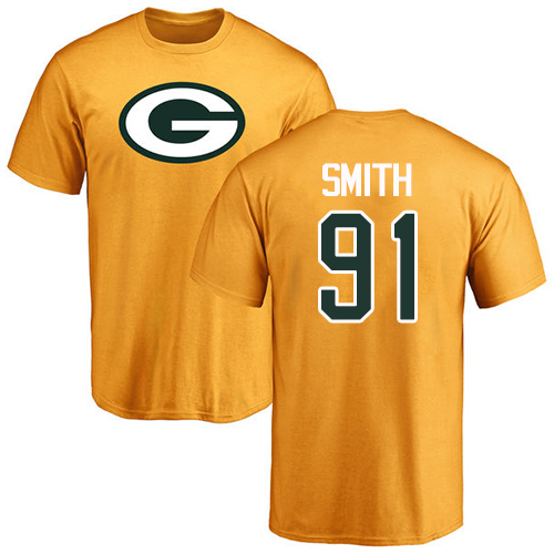 Men Green Bay Packers Gold #91 Smith Preston Name And Number Logo Nike NFL T Shirt->nfl t-shirts->Sports Accessory
